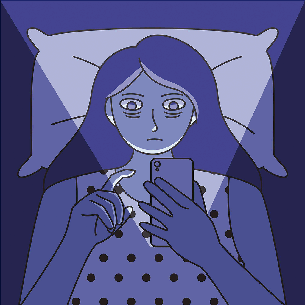 desenho de umha pessoa na cama, com a cara iluminada polo ecrám de um telemóvel que tem entre as suas maos