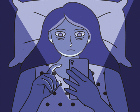 desenho de umha pessoa na cama, com a cara iluminada polo ecrám de um telemóvel que tem entre as suas maos