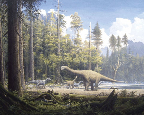 Recriaçom da era mesozoica, com dinossauros em primeiro plano ante um fundo de coníferas.